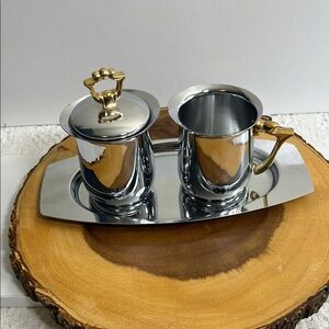 Vintage‎ Kromex Chrome Serving Tray with
Silver and Gold Creamer & Sugar Set
